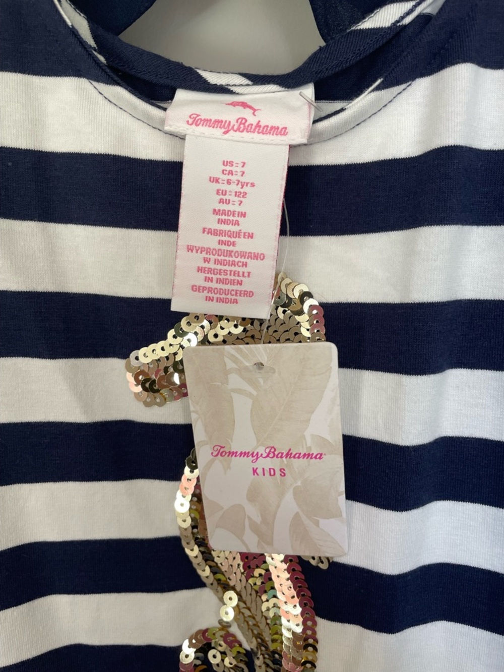 Tommy Bahama Navy & White Striped Girls Dress W Gold Sequin Seahorse & Hair Bow - Picture 8 of 10